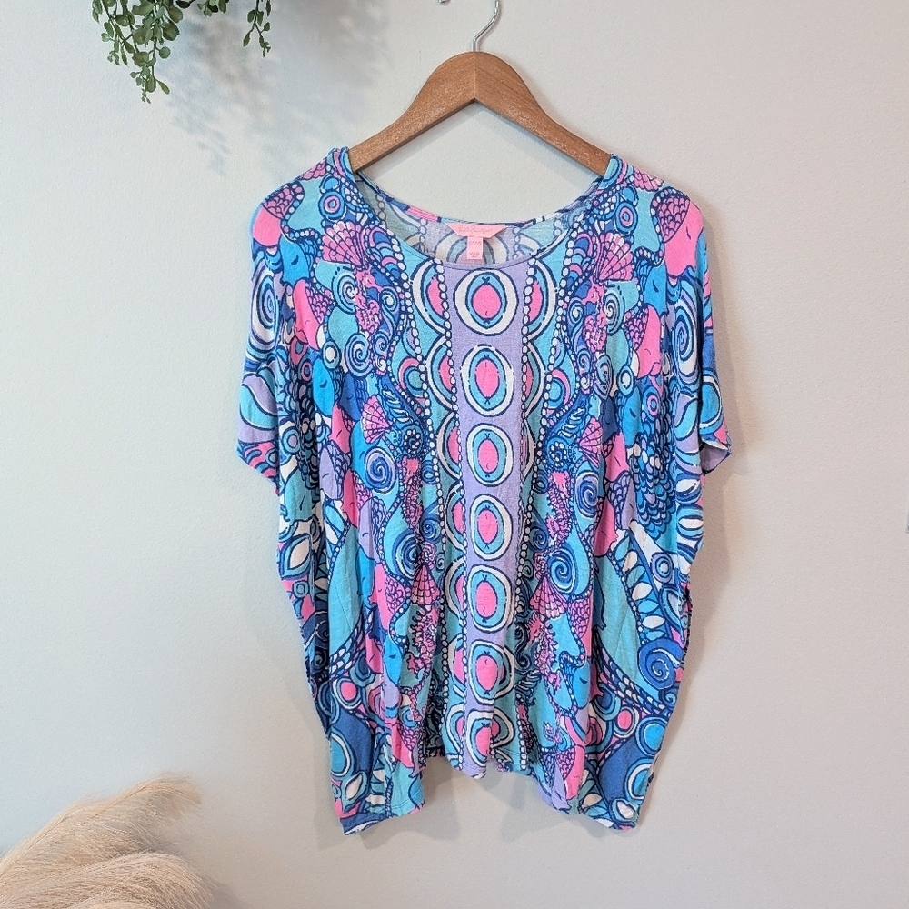 Lilly Pulitzer Blue and Pink Patterned Butterfly Sleeve Top. Sz. Xxs/Xs